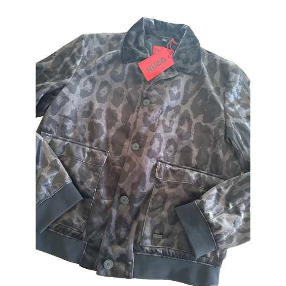 Hugo Boss Mens HaysonLeopard Print Bomber Jacket 38R Black Tonal Print Slim Fit